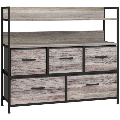 (Grey, Fabric) Rustic 5-Drawer Fabric Chest - Grey Wood