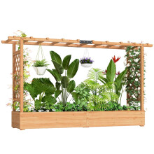 Raised Planter with Trellis, Wooden Raised Bed for Garden with Hanging Roof and Drainage Holes, Outdoor Planter Box