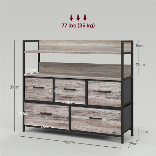 (Grey, Fabric) Rustic 5-Drawer Fabric Chest - Grey Wood 2