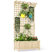 Raised Bed with Drainage Holes, Wood Planter with Trellis for Climbing Plants to Grow Vegetables, Flowers, Natural