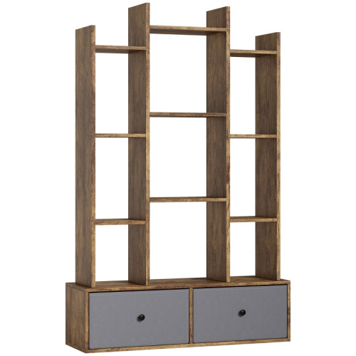 (Rustic Brown, Engineered Wood) 12 Shelf Storage Unit, with Drawers - Brown
