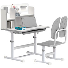 Height Adjustable Kids Desk and Chair Set, Children School Study Desk with Tiltable Desktop, Reading Rack, Grey