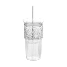 600 Ml Glasbecher, Milchkaffeetasse mit Deckel und Strohhalm, Transparent, Gestreift, Wasserbecher, Becher, TrinkgläSer, Saft, Teetasse