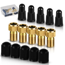 flintronic Brass Presta Valve Adapter, 5PCS Bike Pump Adapter-(Pack of 5 + 10 Caps), Valve Adapter for Bike Convert Presta to Schrader, Inflate Tire U
