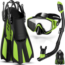 Snorkel Set for Adults, Anti-Fog Diving Mask with Dry Top Snorkel & Swim Fins, Wide View Scuba Flippers Snorkeling Gear for Men Women Youth Green M