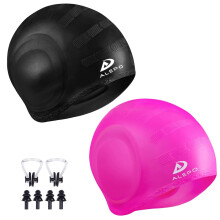 2 Pack Unisex Swim Caps with 3D Ear Protection, Durable Flexible Silicone Swimming Hats for Women Men Kids Adults, Bathing Swimming Caps for Short/Lon