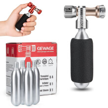 GEWAGE CO2 Air Pump for Bicycle Tyres - CO2 Bicycle Pump Includes 4 Pack CO2 Capsules 16g with Thread and Compatible Presta & Schrader Valve for Mount