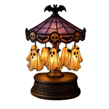 (A, XXXL) Ghost Carousel Halloween Night Light, Stained Glass Shade Lamp with Floating Ghost & Pumpkin Pattern