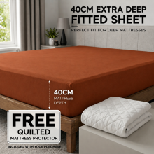 (Double, Rust) 40cm Extra Deep Fitted Sheet with FREE 40cm Quilted Mattress Protector Soft Microfiber Deep Pocket Bed Sheets