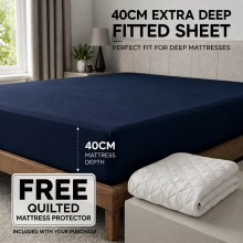 (Double, Navy) 40cm Extra Deep Fitted Sheet with FREE 40cm Quilted Mattress Protector Soft Microfiber Deep Pocket Bed Sheets
