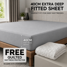 (Double, Silver) 40cm Extra Deep Fitted Sheet with FREE 40cm Quilted Mattress Protector Soft Microfiber Deep Pocket Bed Sheets