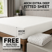(Double, White) 40cm Extra Deep Fitted Sheet with FREE 40cm Quilted Mattress Protector Soft Microfiber Deep Pocket Bed Sheets