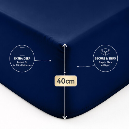 (Double, Navy) 40cm Extra Deep Fitted Sheet with FREE 40cm Quilted Mattress Protector Soft Microfiber Deep Pocket Bed Sheets 1