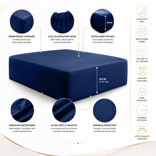 (Double, Navy) 40cm Extra Deep Fitted Sheet with FREE 40cm Quilted Mattress Protector Soft Microfiber Deep Pocket Bed Sheets 2