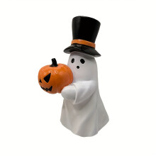 (B) Resin Ghost Figurine With Hat & Pumpkin Accent, Cute Spooky Halloween Tabletop Ornament For Shelf Desktop Decor