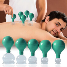 (Green) Real Glass Cupping Set of 5 with Suction Ball and Fascia Scraper Strong Suction Power