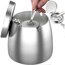 (Silver, S) Portable Stainless Steel Windproof Ashtray with Lid and Non-Slip Base for Indoor Outdoor