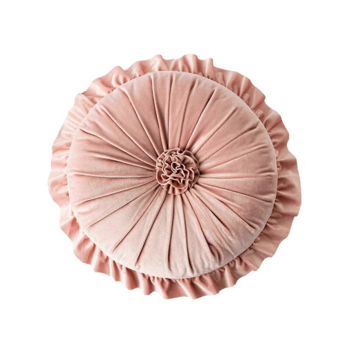 (Pink) Cuscino Rotondo a Balze in Velluto e Cotone 17.7in, Morbido e Resistente per Sedia e Letto