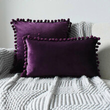 (Eggplant, 30x50cm) 2 Taies Velours Pompons SHMSHNG, Set Décoratif
