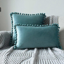 (Qingbi, 50x50cm) 2 Taies Velours Pompons SHMSHNG, Set Décoratif