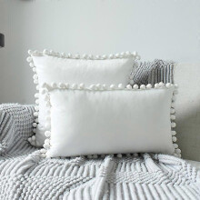 (Pearl White, 30x50cm) 2 Fundas Terciopelo Pompon SHMSHNG, Set Decorativo