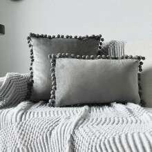 (grey, 45x45cm) 2 Taies Velours Pompons SHMSHNG, Set Décoratif