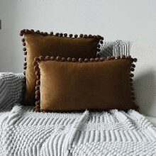 (Brown, 45x45cm) 2 Taies Velours Pompons SHMSHNG, Set Décoratif