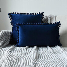 (navy blue, 30x50cm) 2 Taies Velours Pompons SHMSHNG, Set Décoratif