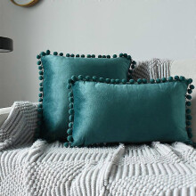 (Turquoise, 45x45cm) 2 Fundas Terciopelo Pompon SHMSHNG, Set Decorativo
