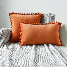 (orange, 50x50cm) 2 Taies Velours Pompons SHMSHNG, Set Décoratif