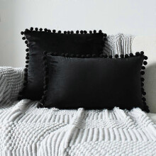 (black, 50x50cm) 2 Taies Velours Pompons SHMSHNG, Set Décoratif