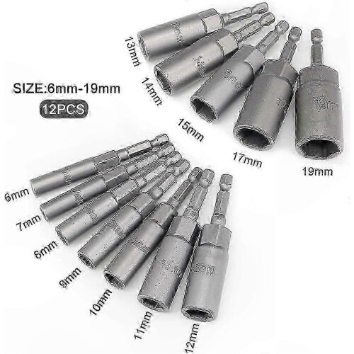 Metric Nut Driver Set 12pc Quick Change Drill Bits 6-19mm Sockets 1/4 Hex Impact Bit Set 1