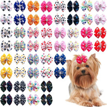 50Pcs Paw Print Dog Hair Bows Bands for Puppy Shih Tzu Yorkies Rhinestone Bowknot Topknot