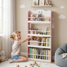 AIYAPLAY Kids Bookshelf Bookcase with 4-Tier Shelves for Living Room, Pink