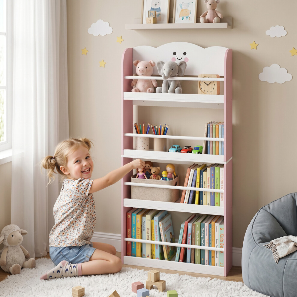 4 Tier Kids Bookshelf Children Bookcase with Anti-Tip Kit Toddler Pink - Image 3