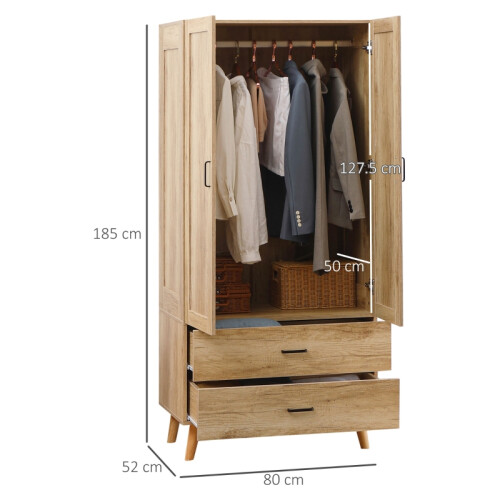2-Door Modern Wardrobe with 2 Drawers & Rail 2