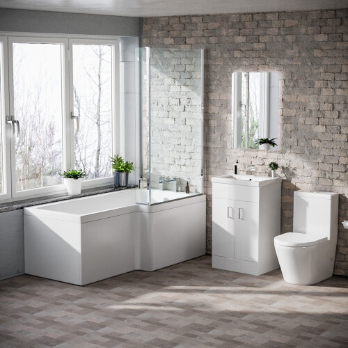 NES Home 1600mm RH L Shaped Bath, Front Panel, Screen With 500mm Vanity & Toilet