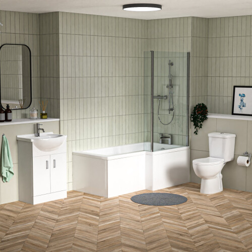 NES Home 1500mm RH L-Shaped Bath, Front Panel, Screen With 500mm Vanity & Toilet