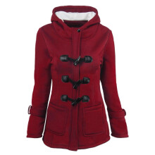 Women's Horn Button Padded Hooded Cardigan Jacket Black 2XL