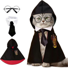 Dog Cat Halloween Wizard Costume Cape Hoodie Glasses Tie Medium Red