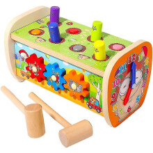 Tavolo da gioco in legno 5 in 1 con martello per bambini e bambine, ideale per sviluppare la motricità fine.