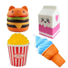 Pack of 4 Jumbo Slow Rising Squishy Toys Kawaii Cat Hamburger Popcorn Ice Cream Scented Set