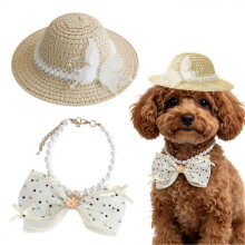 Conjunto de sombrero tipo cubo ajustable con lazo y collar de perlas para gatitos, accesorios para fotos de playa, talla única.