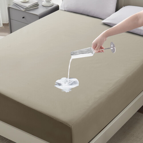(Beige, Double ) 2 Pack Waterproof Fitted Sheet Extra Deep Skirt 30cm 1