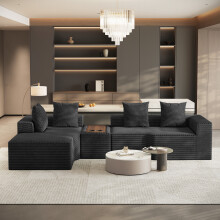 Corduroy Left L-Shaped Modular Sofa With Cup Holder, Black