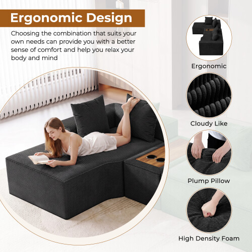 Corduroy Left L-Shaped Modular Sofa With Cup Holder, Black 2