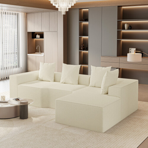 Corduroy Right L-Shaped Modular Sofa Beige 1