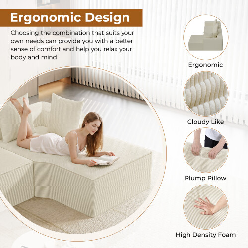 Corduroy Right L-Shaped Modular Sofa Beige 2