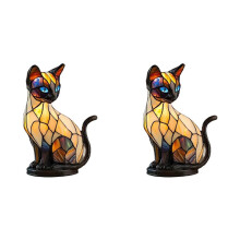 2X Katzenlampe Aus Buntglas, Süßes Tierharz-Nachtlicht, LED-Nachttischlampe für Schlafzimmer, Wohnzimmer, Dekoration, Heimdekoration, Geschenk