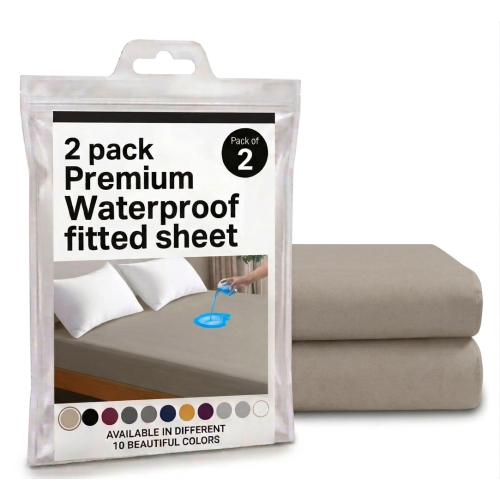 (Beige, King) 2 Pack Waterproof Fitted Sheet Extra Deep Skirt 30cm